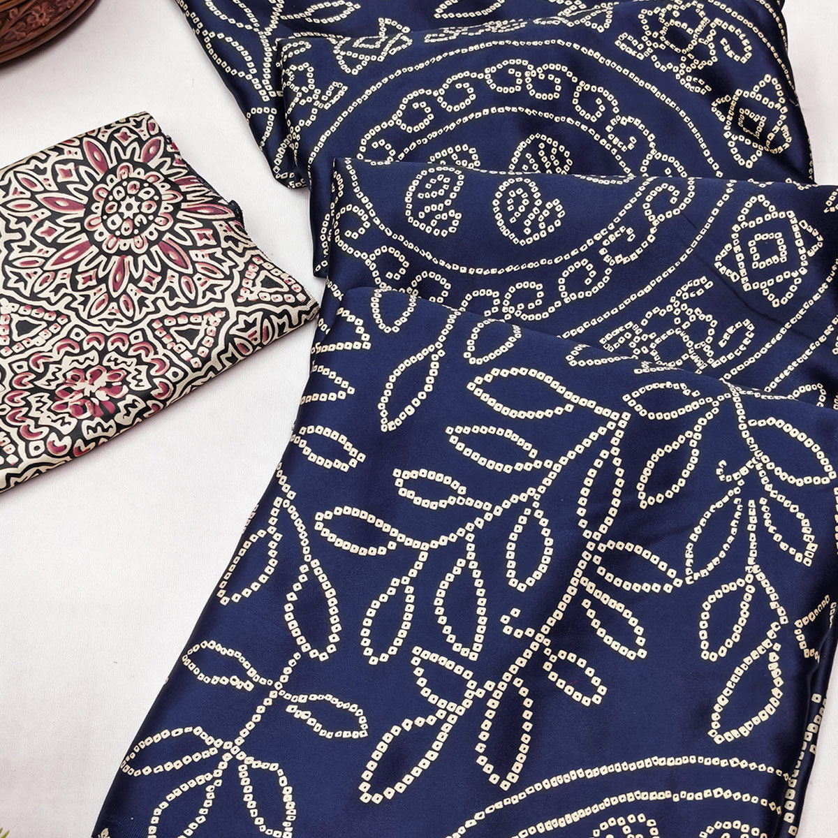 Blue Moss Satin Silk Saree Featuring Bandhani Print & Ajrakh Pallu Work