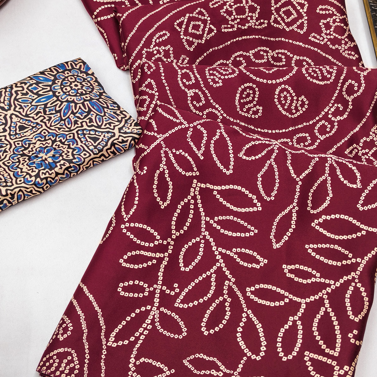 Maroon Moss Satin Silk Saree Featuring Bandhani Print & Ajrakh Pallu Work