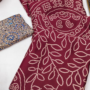 Maroon Moss Satin Silk Saree Featuring Bandhani Print & Ajrakh Pallu Work