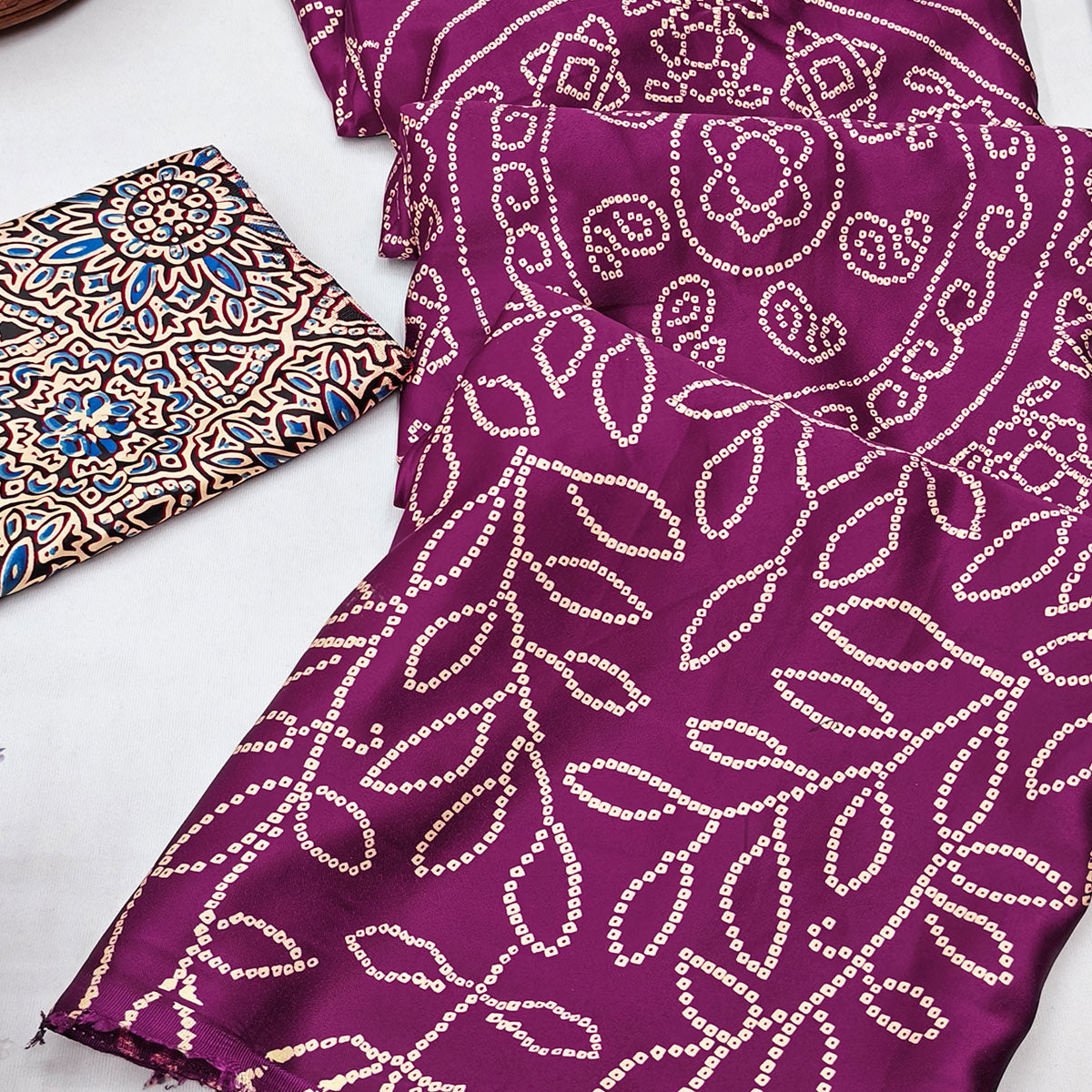 Purple Moss Satin Silk Saree Featuring Bandhani Print & Ajrakh Pallu Work