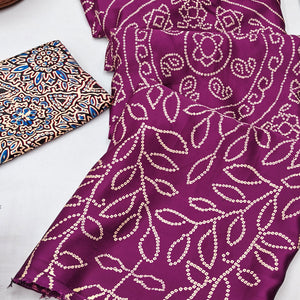 Purple Moss Satin Silk Saree Featuring Bandhani Print & Ajrakh Pallu Work