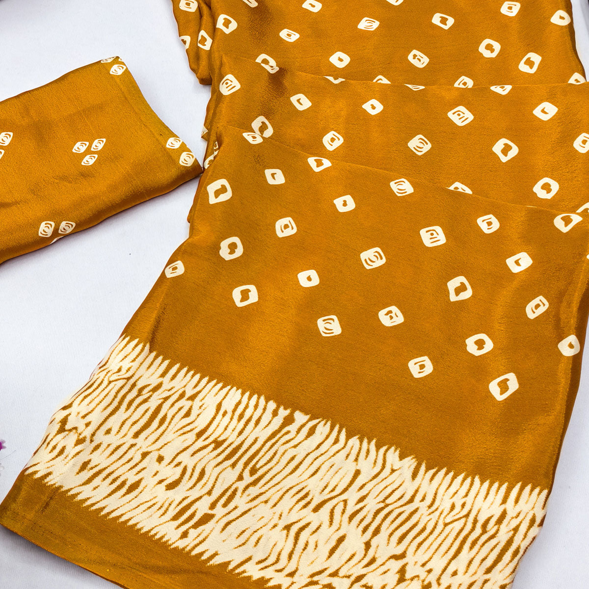 Mustard Bandhani Printed Chiffon Saree With Traditional Appeal