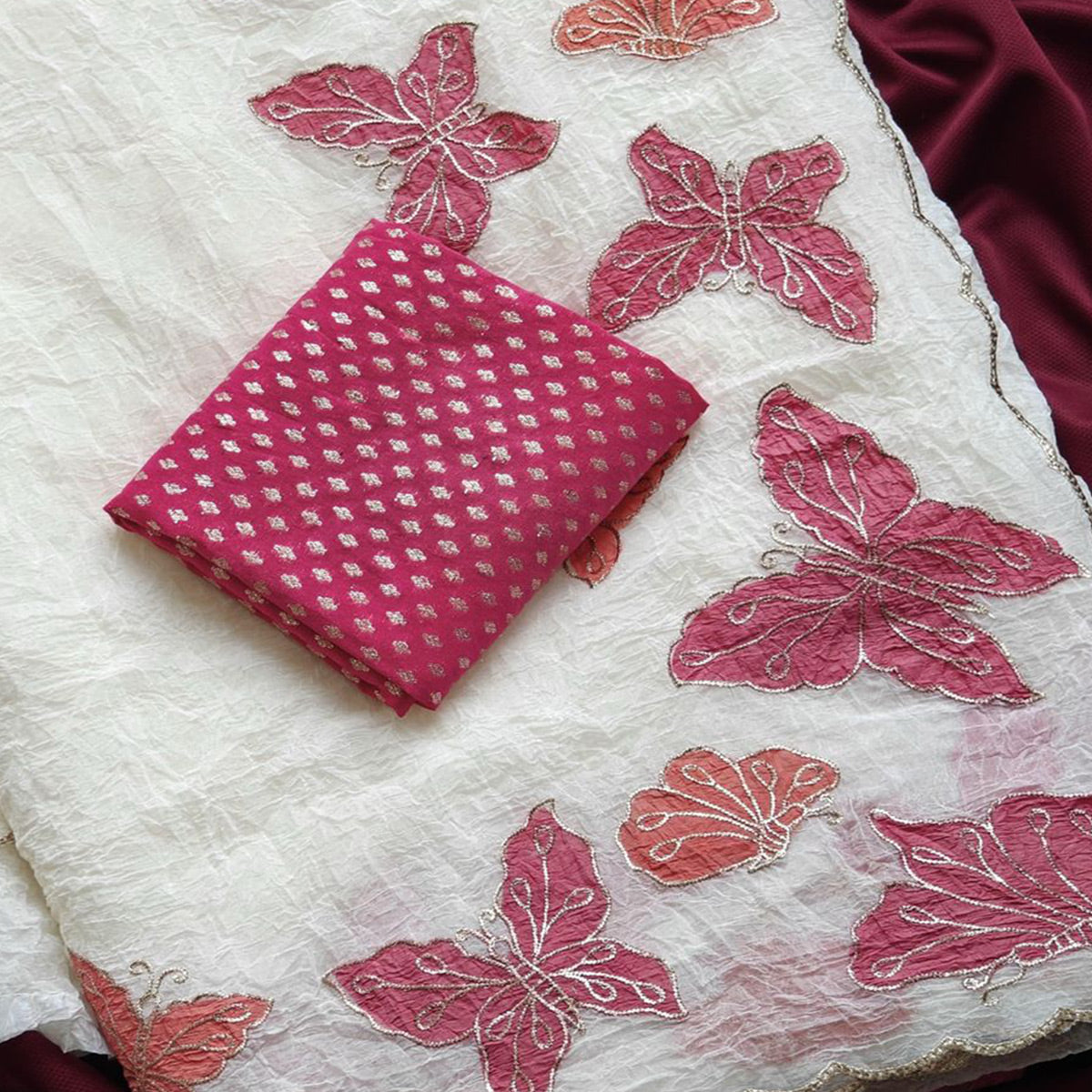 Off White Designer Chiffon Crush Saree Featuring Butterfly Embroidery