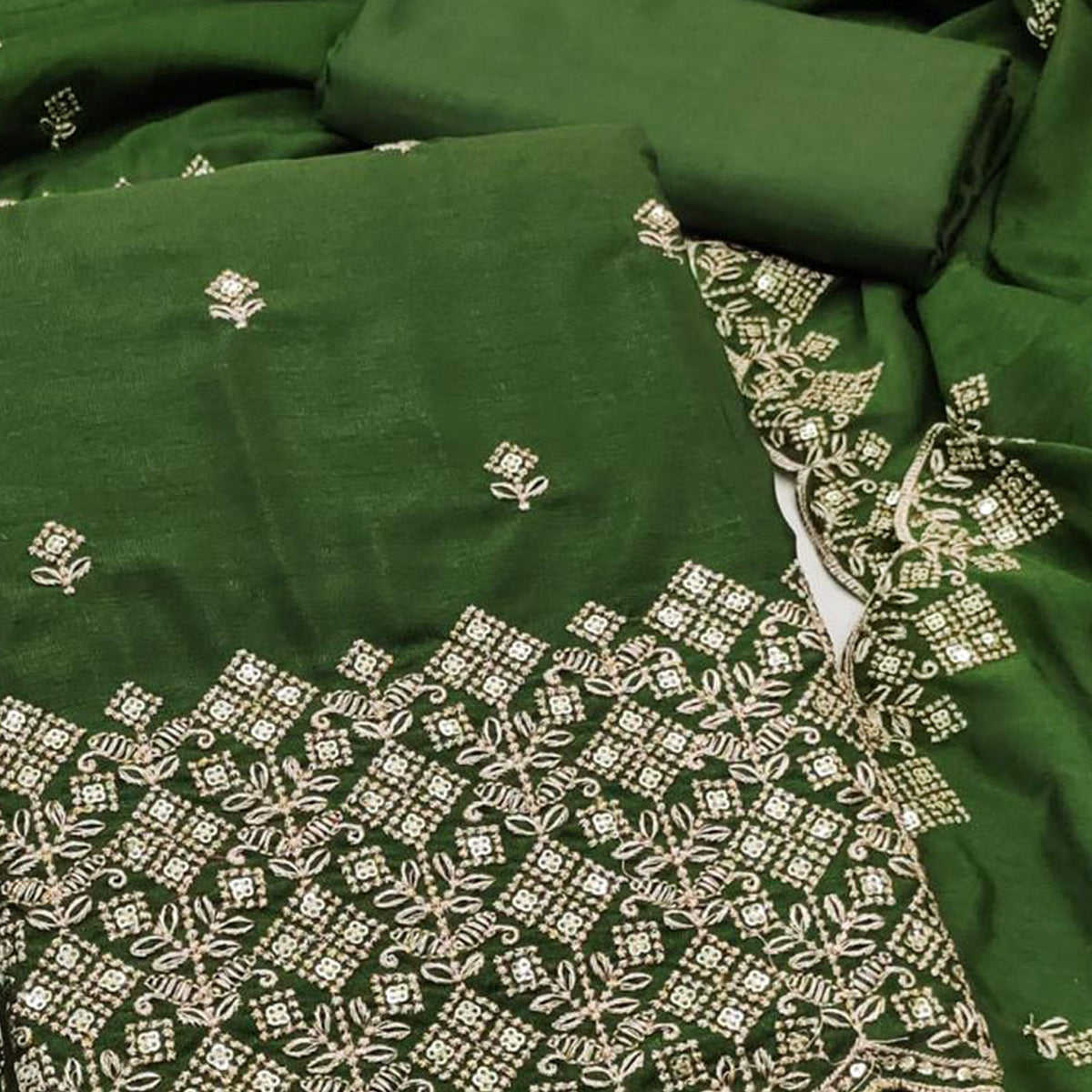 Festive Wear Green Vichitra Silk Dress Material with Sequins Embellishment