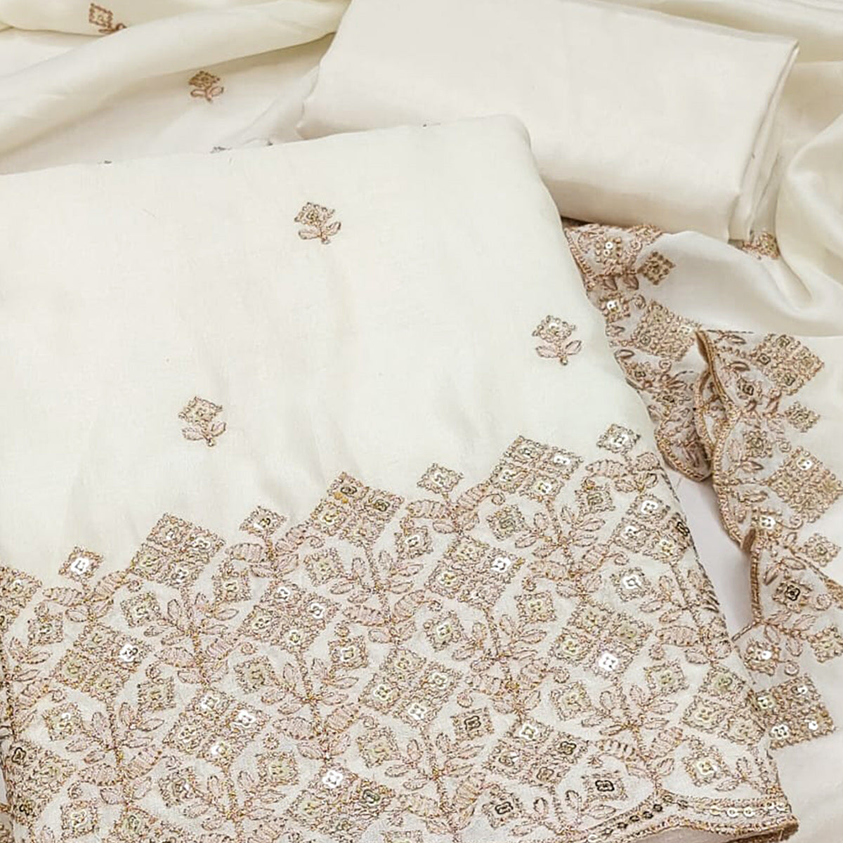 Festive Wear Off White Vichitra Silk Dress Material with Sequins Embellishment