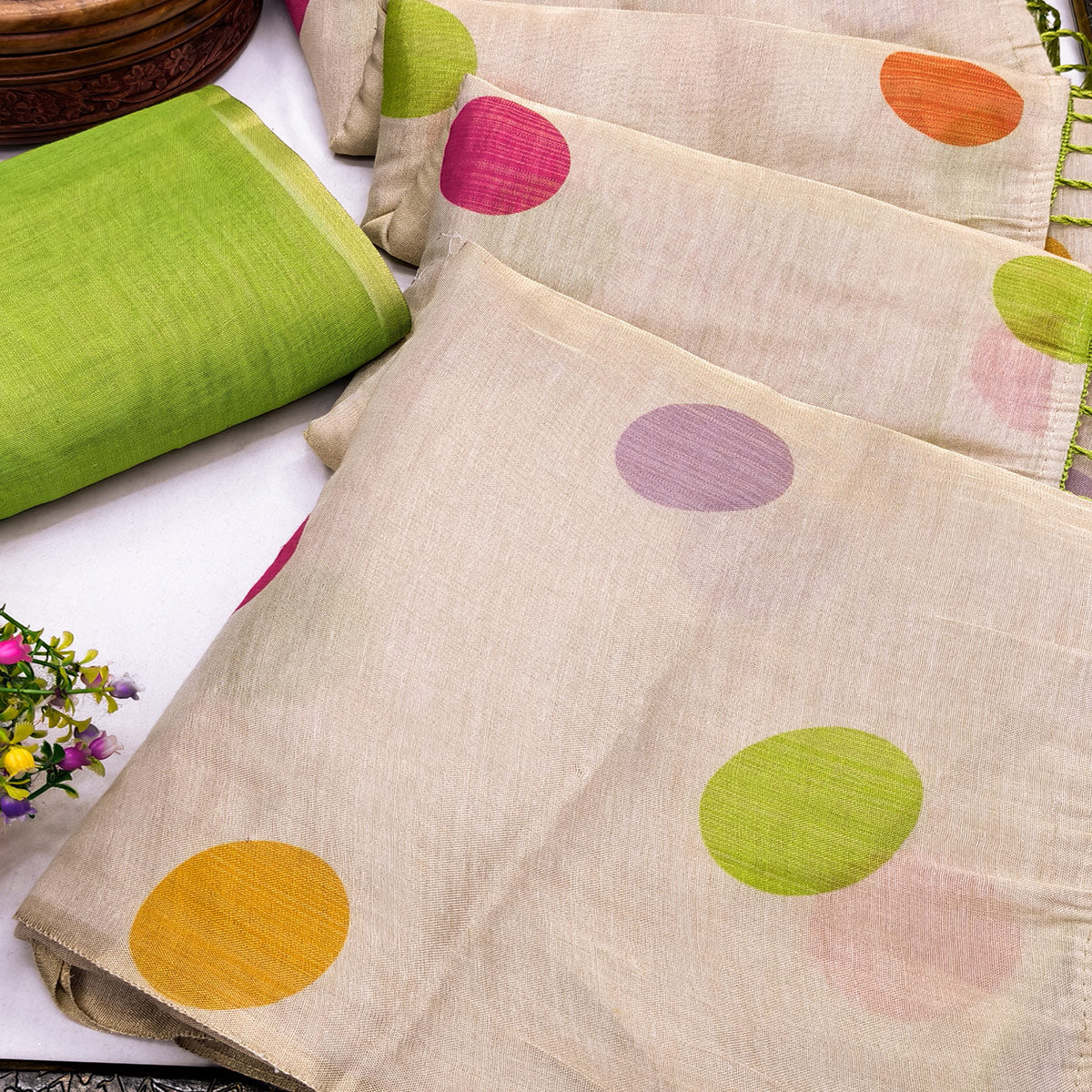 Cream Art Silk Saree with Contemporary Polka Dot Print & Tassel Edge