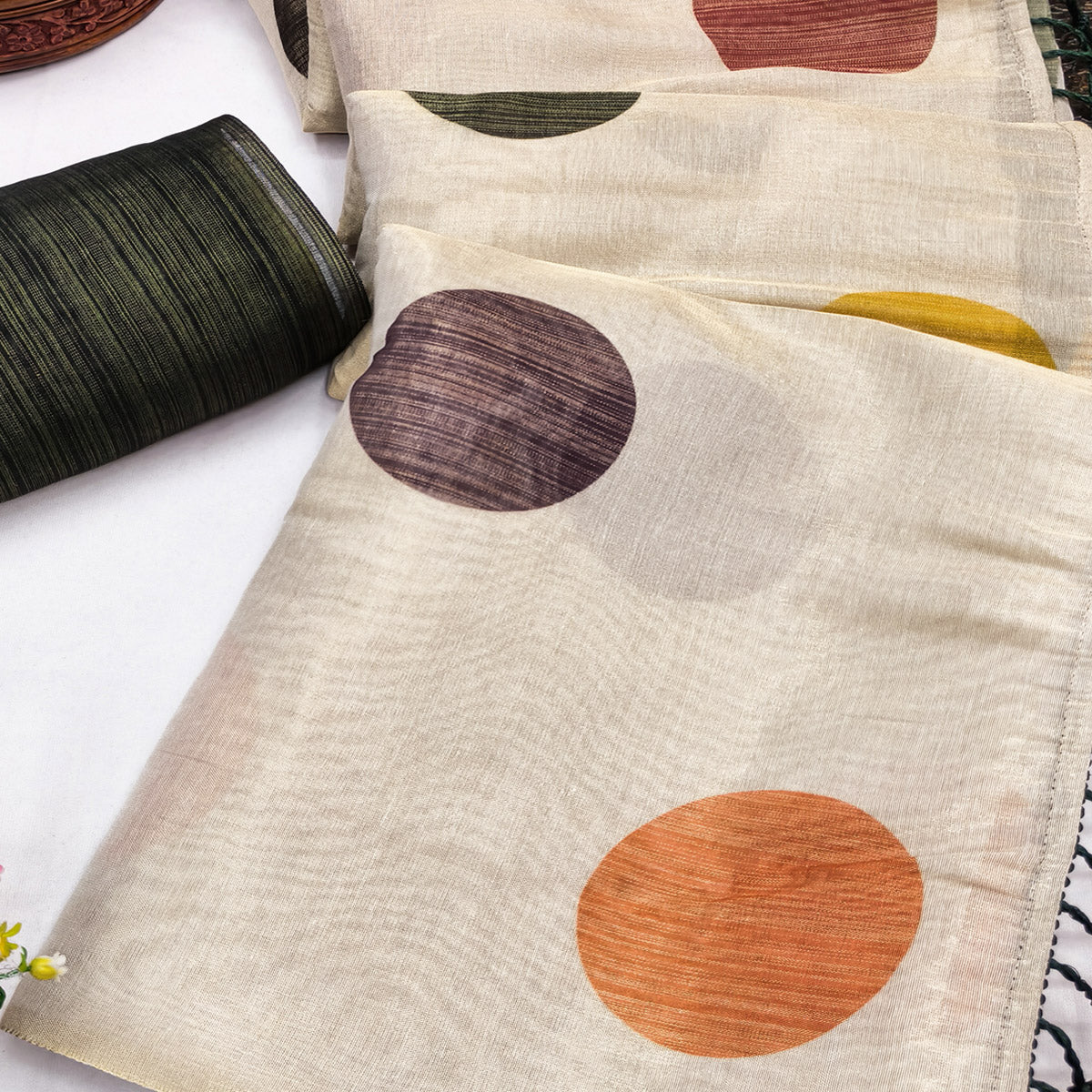 Off White Art Silk Saree with Contemporary Polka Dot Print & Tassel Edge