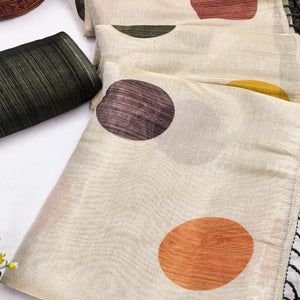 Off White Art Silk Saree with Contemporary Polka Dot Print & Tassel Edge