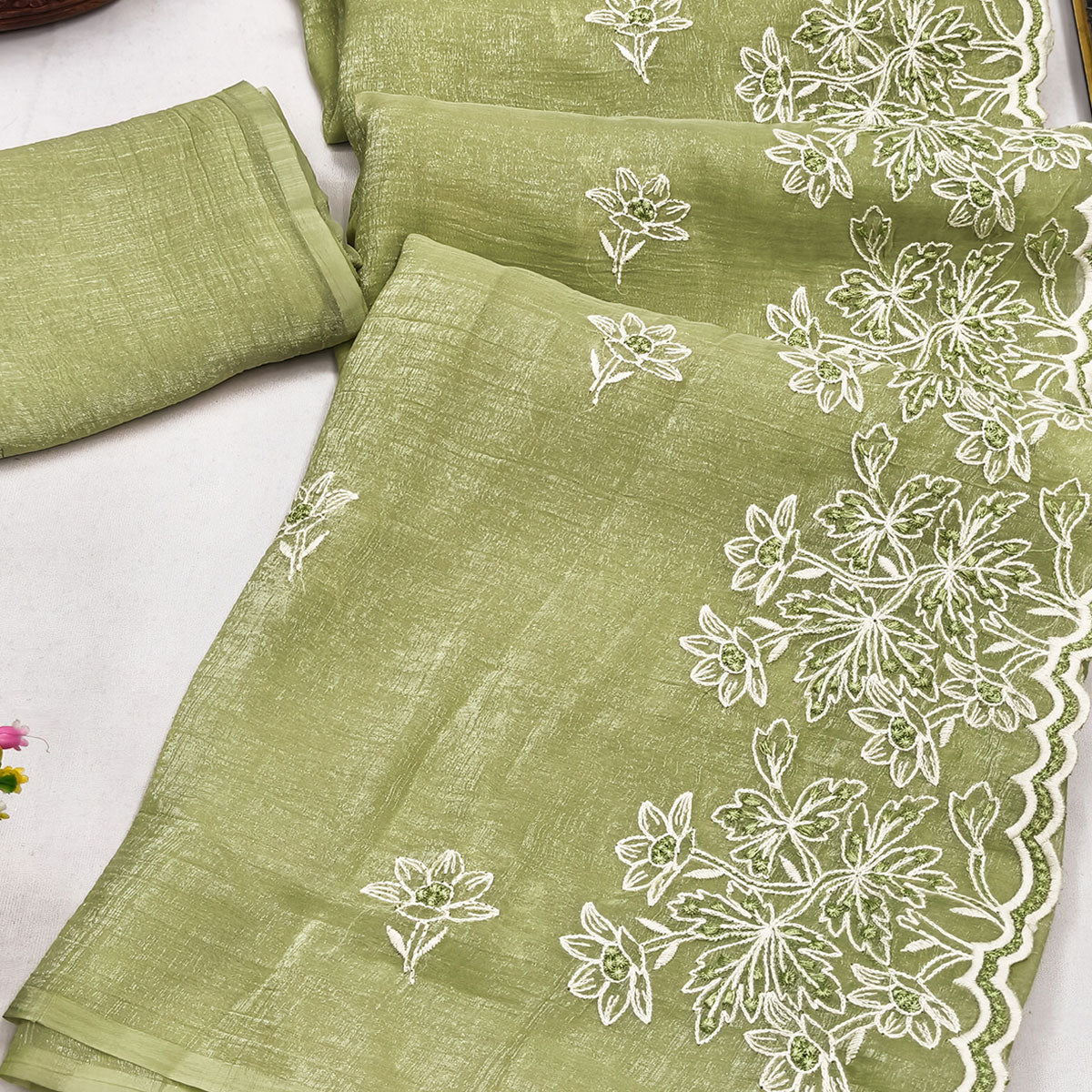 Timeless Green Floral Organza Saree with Embroidery for Parties