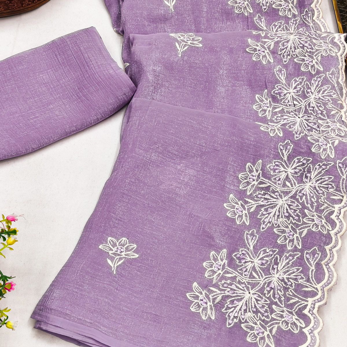 Timeless Lavender Floral Organza Saree with Embroidery for Parties