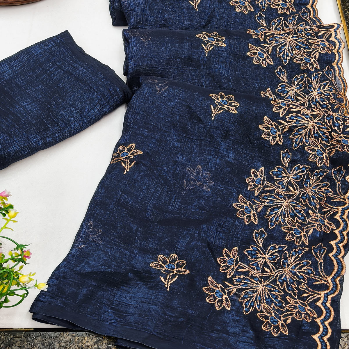 Timeless Navy Blue Floral Organza Saree with Embroidery for Parties