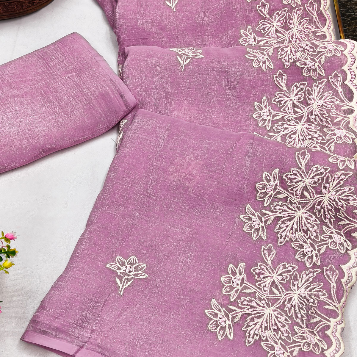 Timeless Pink Floral Organza Saree with Embroidery for Parties