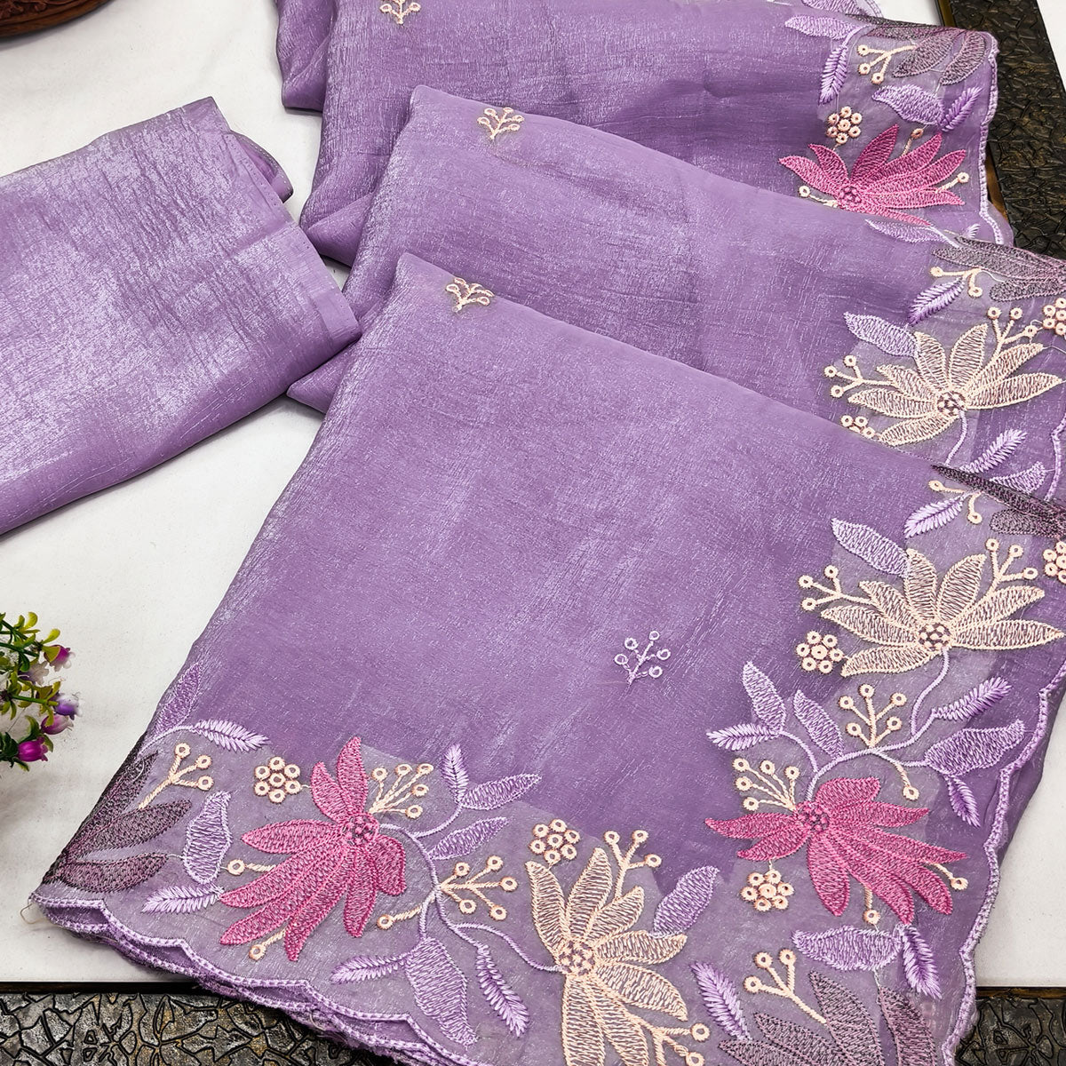 Lavender Organza Party Saree with Intricate Floral Embroidery