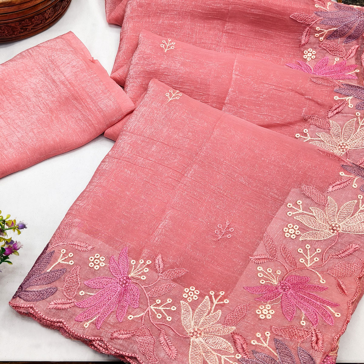 Peach Organza Party Saree with Intricate Floral Embroidery