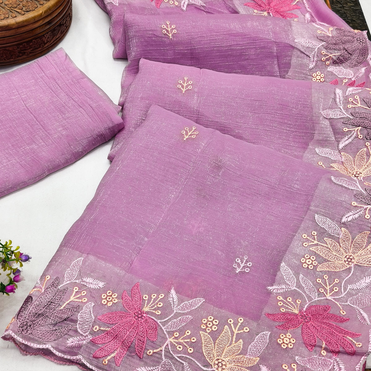 Pink Organza Party Saree with Intricate Floral Embroidery