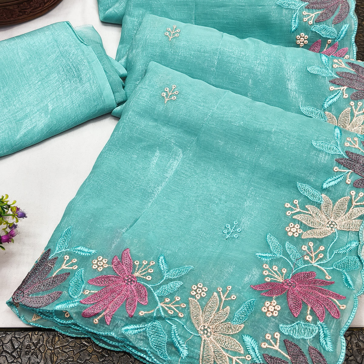 Turquoise Organza Party Saree with Intricate Floral Embroidery