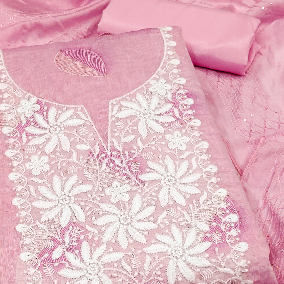 Pink Chanderi Cotton Dress Material Adorned With Floral Thread Embroidery & Sequins Work