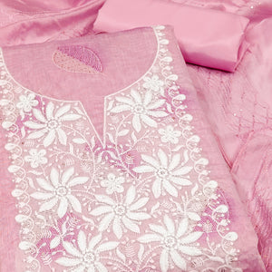 Pink Chanderi Cotton Dress Material Adorned With Floral Thread Embroidery & Sequins Work