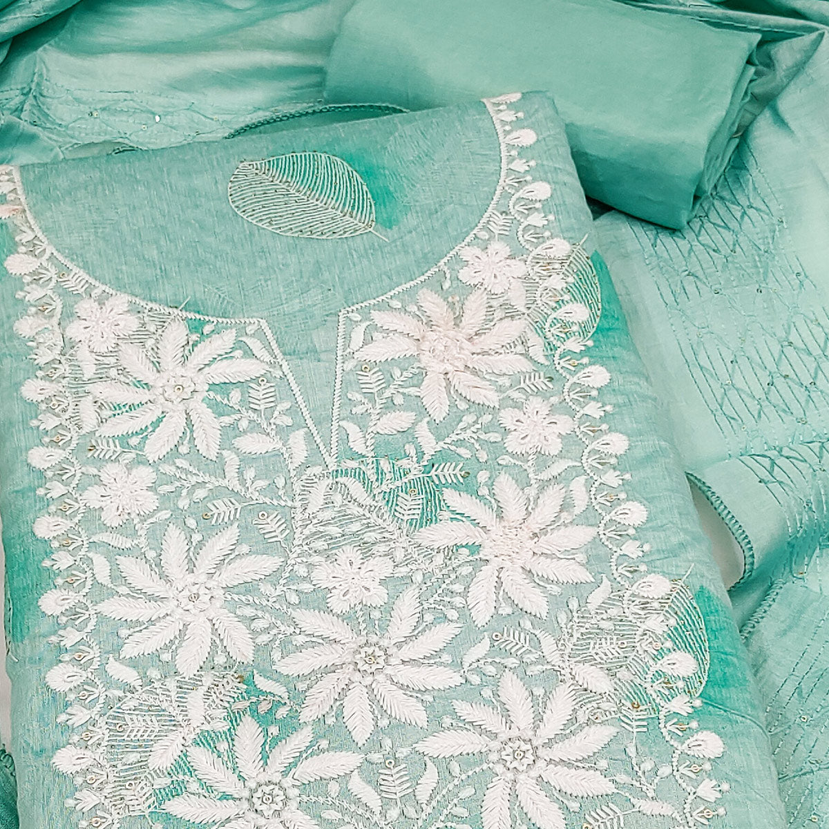 Turquoise Chanderi Cotton Dress Material Adorned With Floral Thread Embroidery & Sequins Work