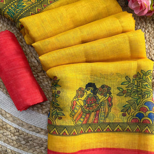 Yellow Madhubani Motif Printed Linen Saree for Festive Wear