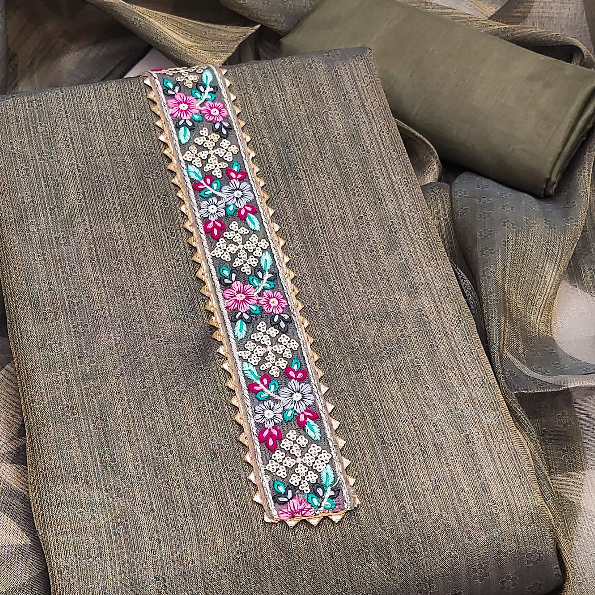 Grey Floral Digital Printed Art Silk Dress Material With Sparkling Sequins Embroidery