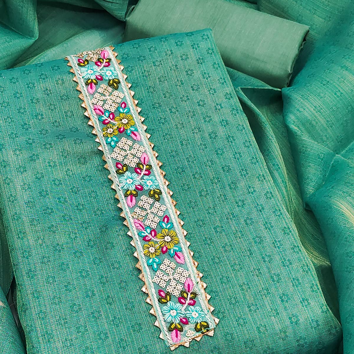 Turquoise Floral Digital Printed Art Silk Dress Material With Sparkling Sequins Embroidery