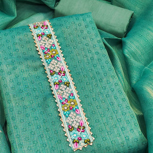 Turquoise Floral Digital Printed Art Silk Dress Material With Sparkling Sequins Embroidery