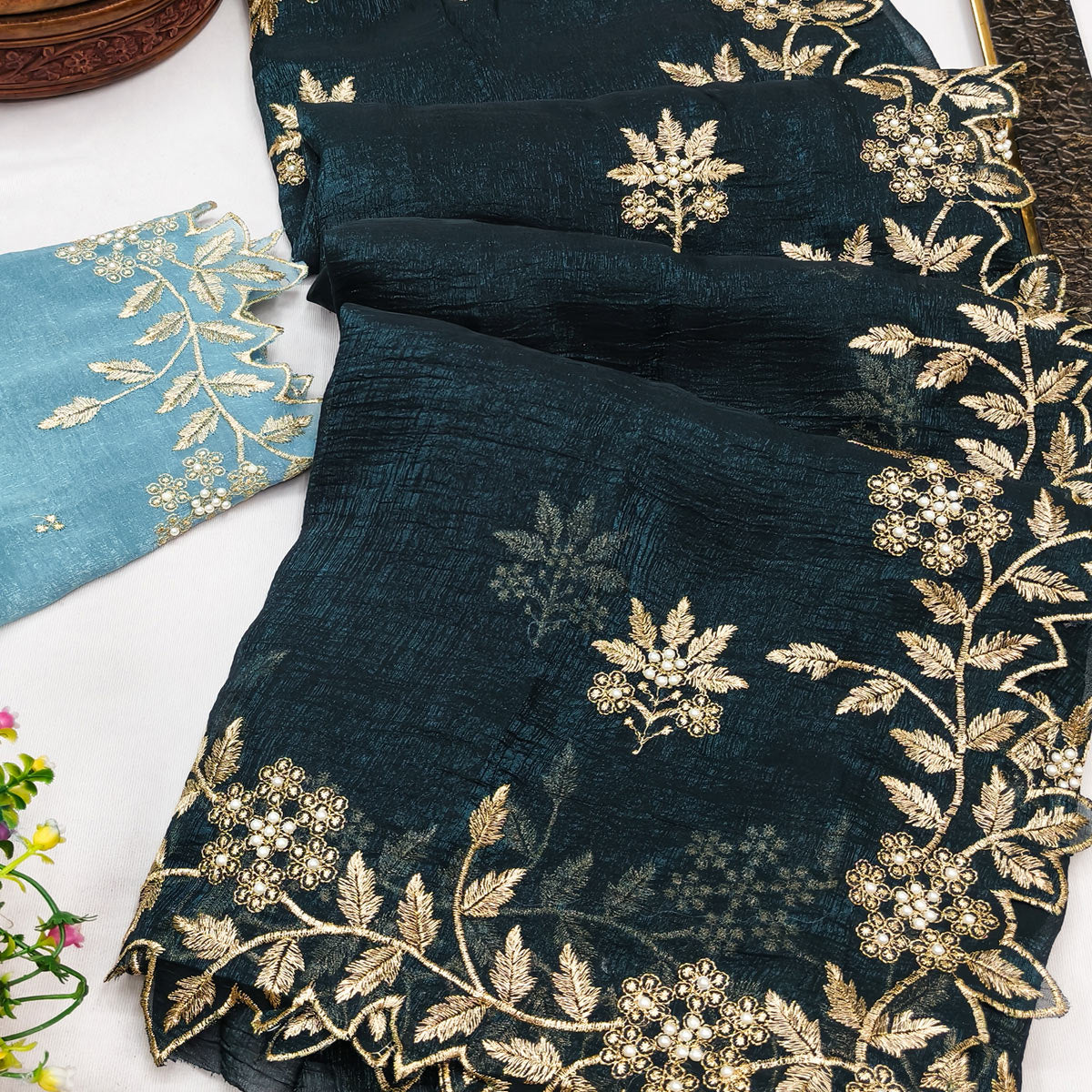 Regal Morpich Blue Chiffon Saree Adorned with Intricate Golden Embroidery
