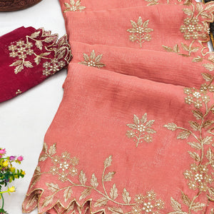 Regal Peach Chiffon Saree Adorned with Intricate Golden Embroidery