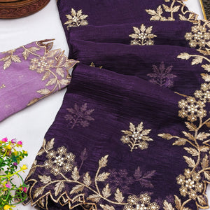 Regal Purple Chiffon Saree Adorned with Intricate Golden Embroidery