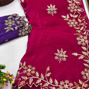 Regal Rani Pink Chiffon Saree Adorned with Intricate Golden Embroidery
