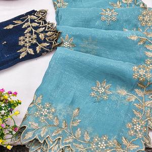 Regal Sky Blue Chiffon Saree Adorned with Intricate Golden Embroidery