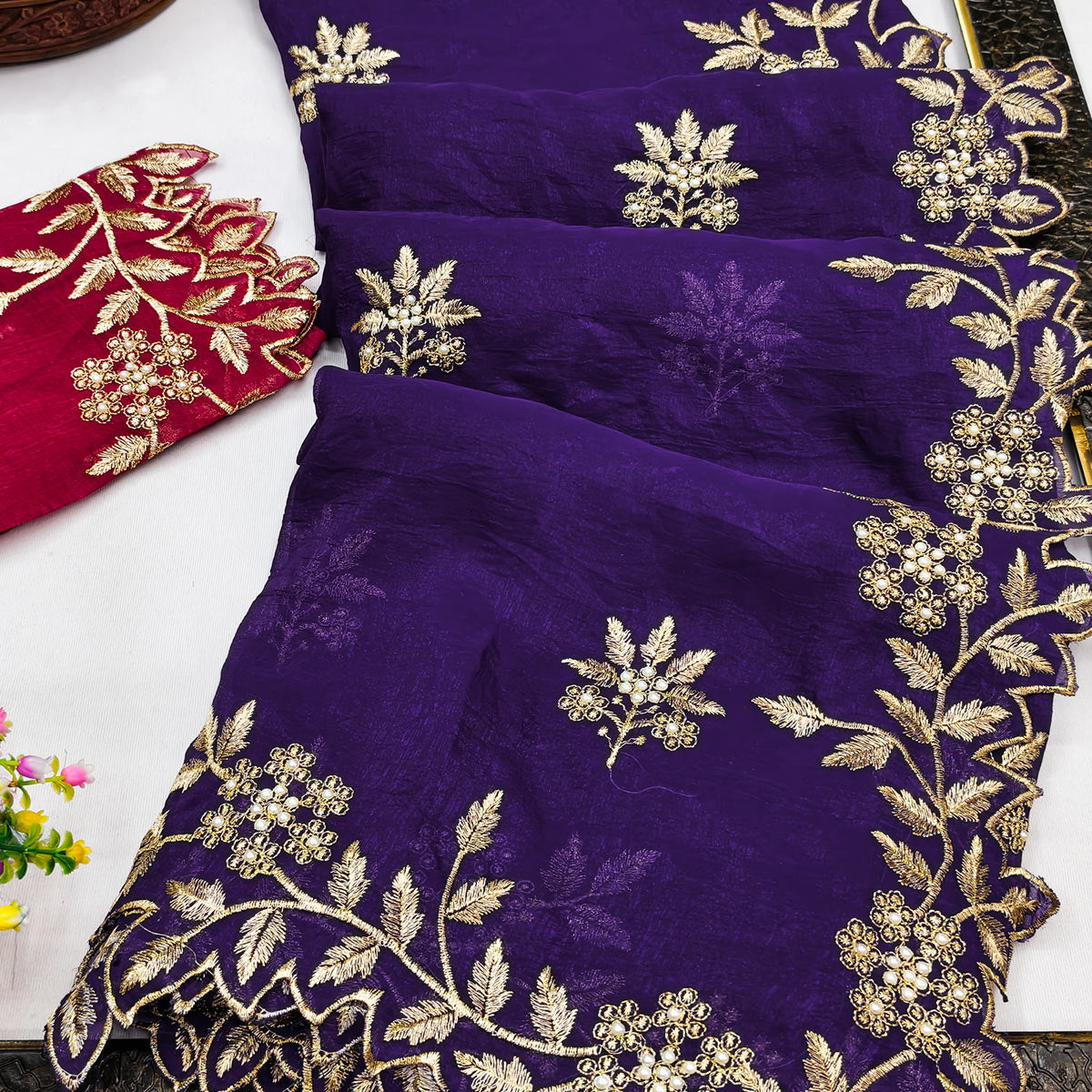 Regal Violet Chiffon Saree Adorned with Intricate Golden Embroidery