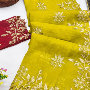 Regal Yellow Chiffon Saree Adorned with Intricate Golden Embroidery