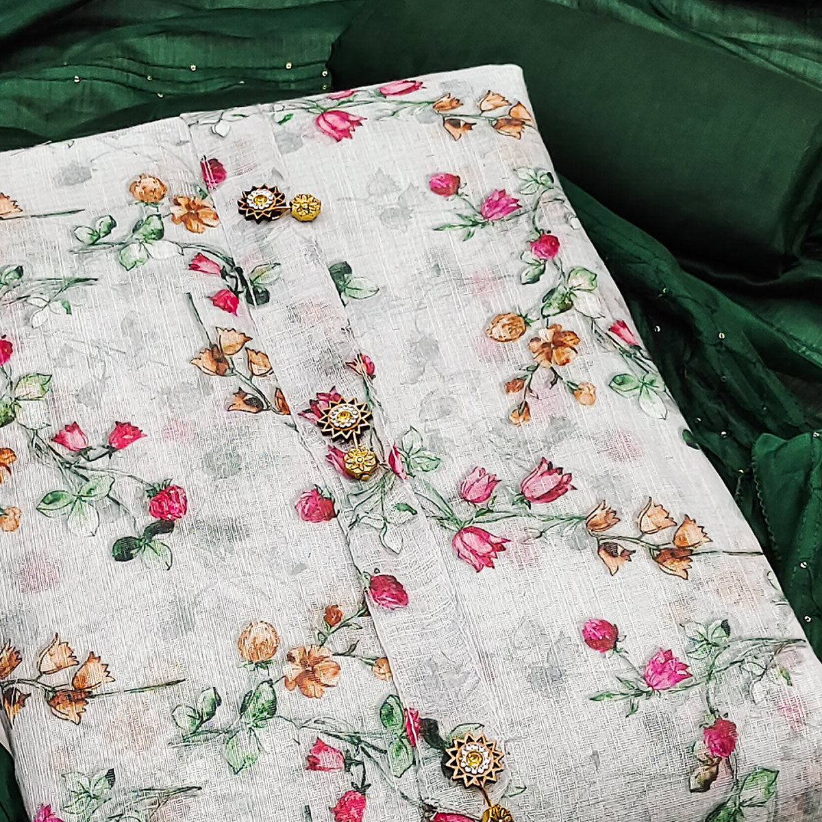 Graceful Light Grey Floral Printed Linen Dress Material Perfect for Summer Outfits