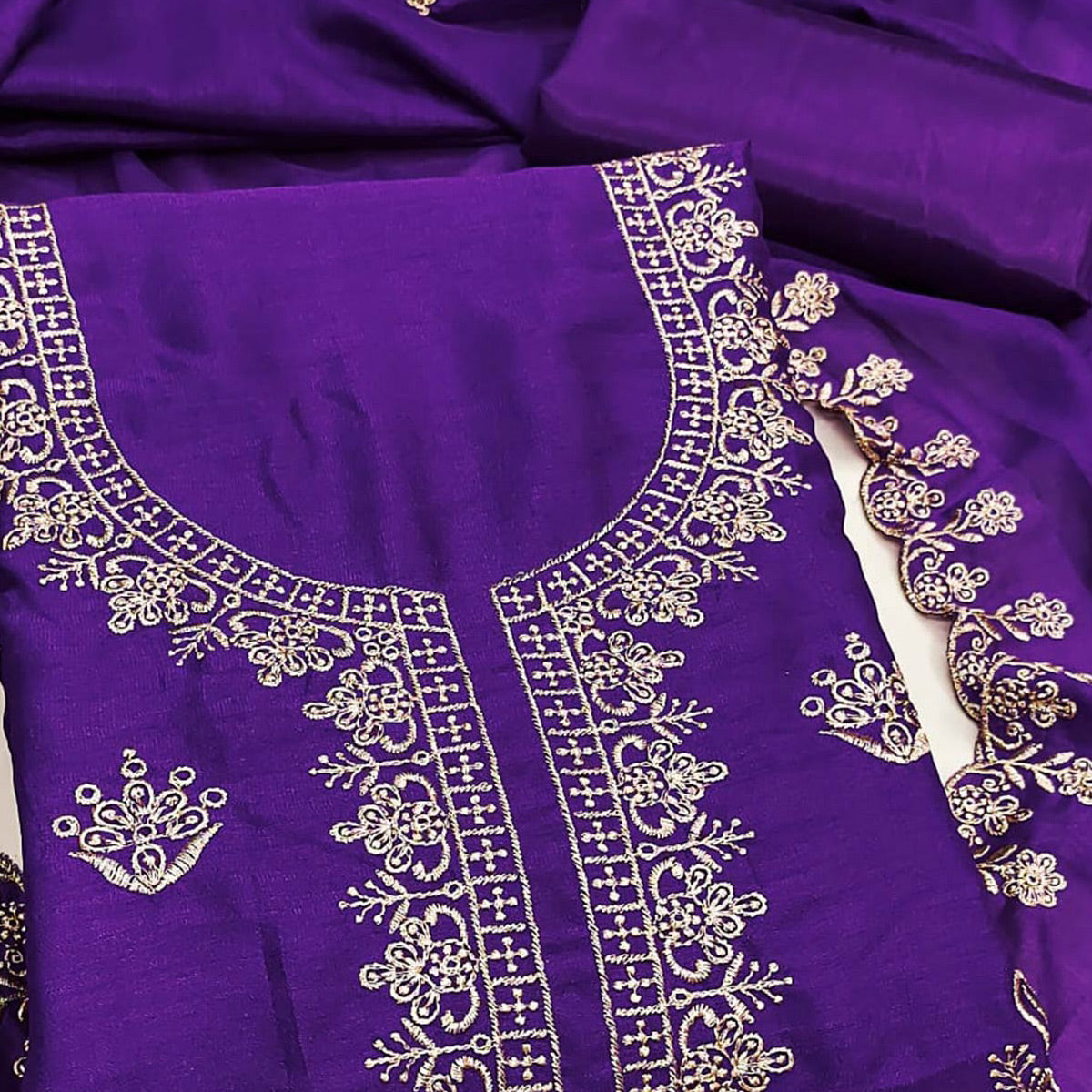 Violet Thread Embroidered Vichitra Silk Dress Material Perfect for Party & Festive Wear