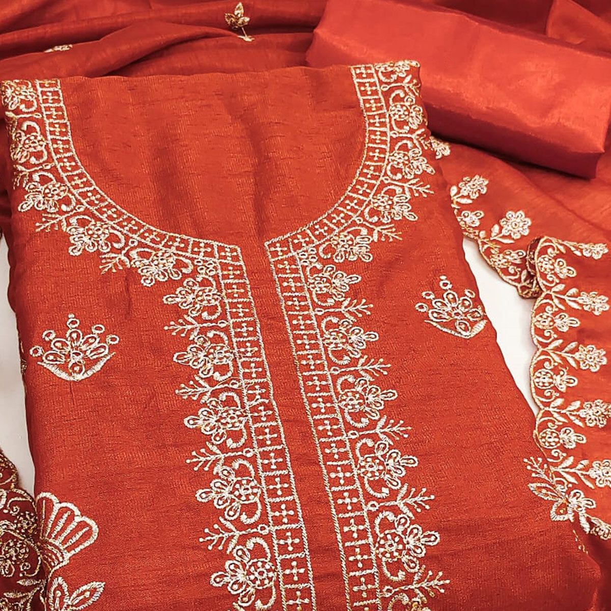 Orange Thread Embroidered Vichitra Silk Dress Material Perfect for Party & Festive Wear