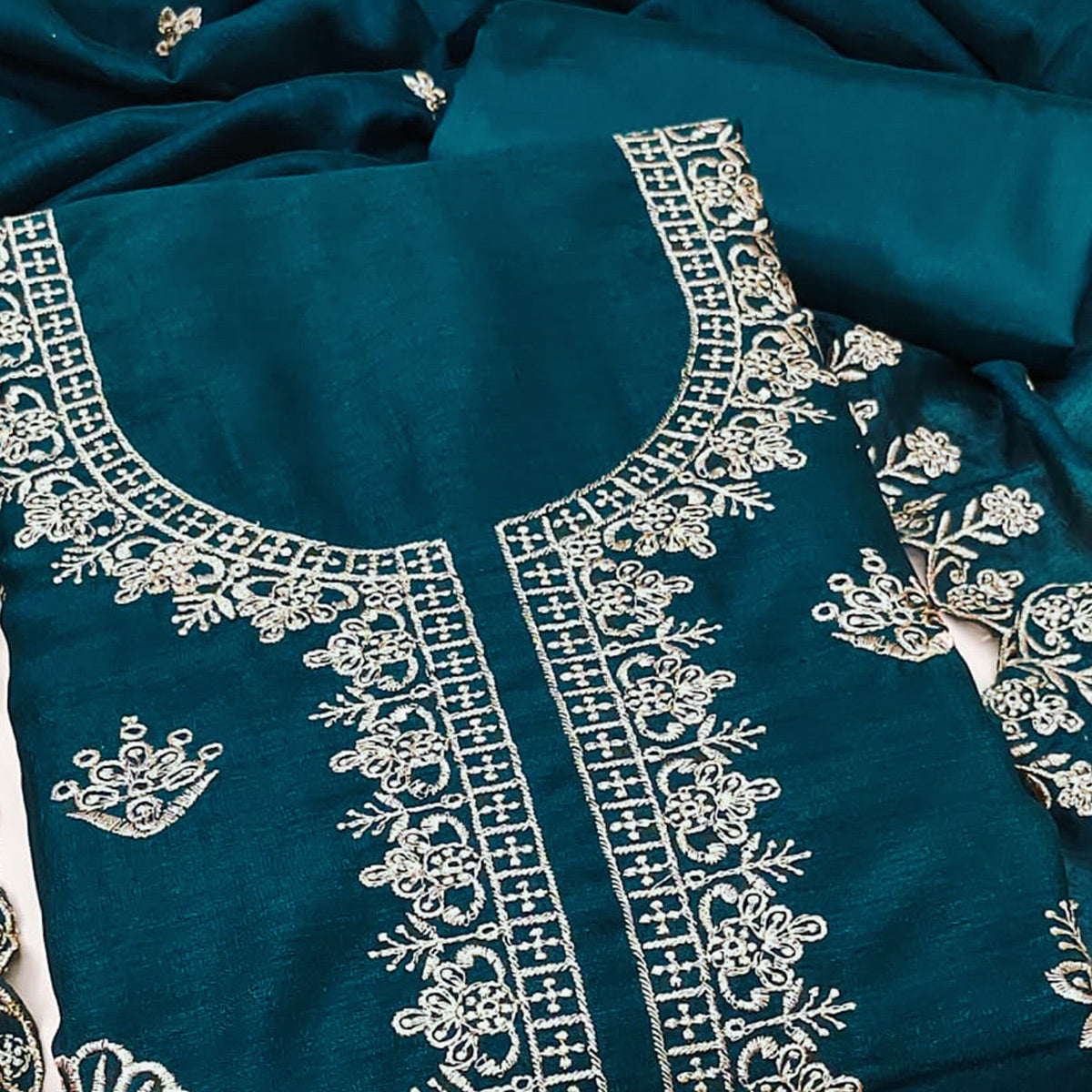 Teal Thread Embroidered Vichitra Silk Dress Material Perfect for Party & Festive Wear