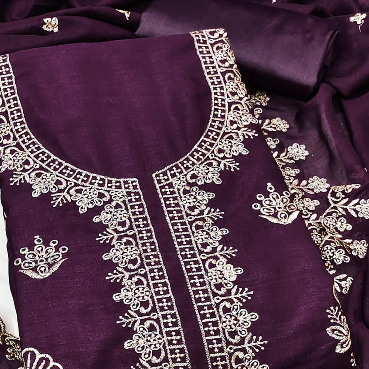 Wine Thread Embroidered Vichitra Silk Dress Material Perfect for Party & Festive Wear