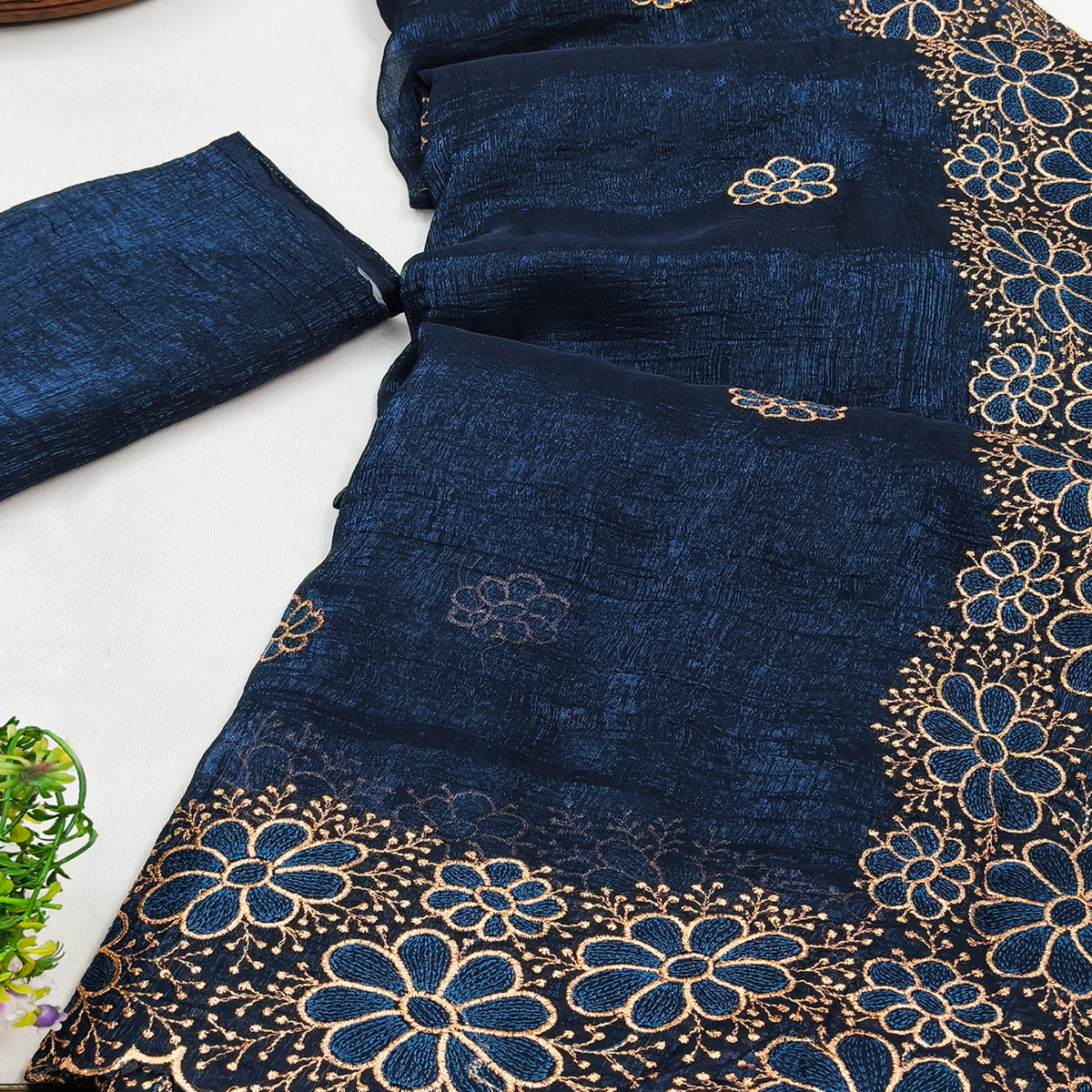 Blue Partywear Saree in Soft Chiffon with Intricate Floral Embroidery