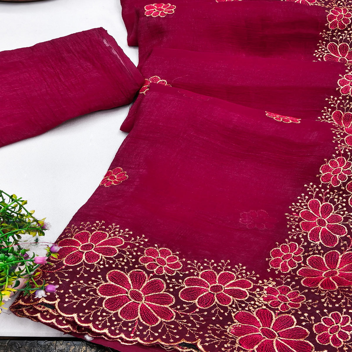 Pink Partywear Saree in Soft Chiffon with Intricate Floral Embroidery