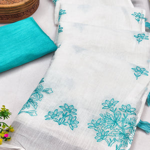 White & Blue Floral Embroidered Linen Saree Perfect for Festive Occasions