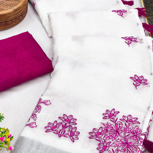 White & Pink Floral Embroidered Linen Saree Perfect for Festive Occasions