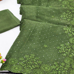 Green Chiffon Saree Featuring Delicate Floral Embroidery & Shimmering Stone Work