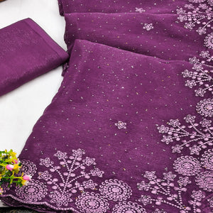 Purple Chiffon Saree Featuring Delicate Floral Embroidery & Shimmering Stone Work