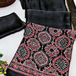Heritage Inspired Black Crepe Silk Saree Featuring Ajrakh Block Print