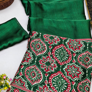 Heritage Inspired Green Crepe Silk Saree Featuring Ajrakh Block Print