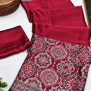 Heritage Inspired Maroon Crepe Silk Saree Featuring Ajrakh Block Print