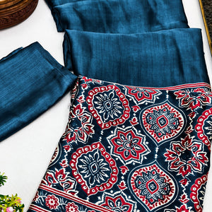 Heritage Inspired Teal Crepe Silk Saree Featuring Ajrakh Block Print