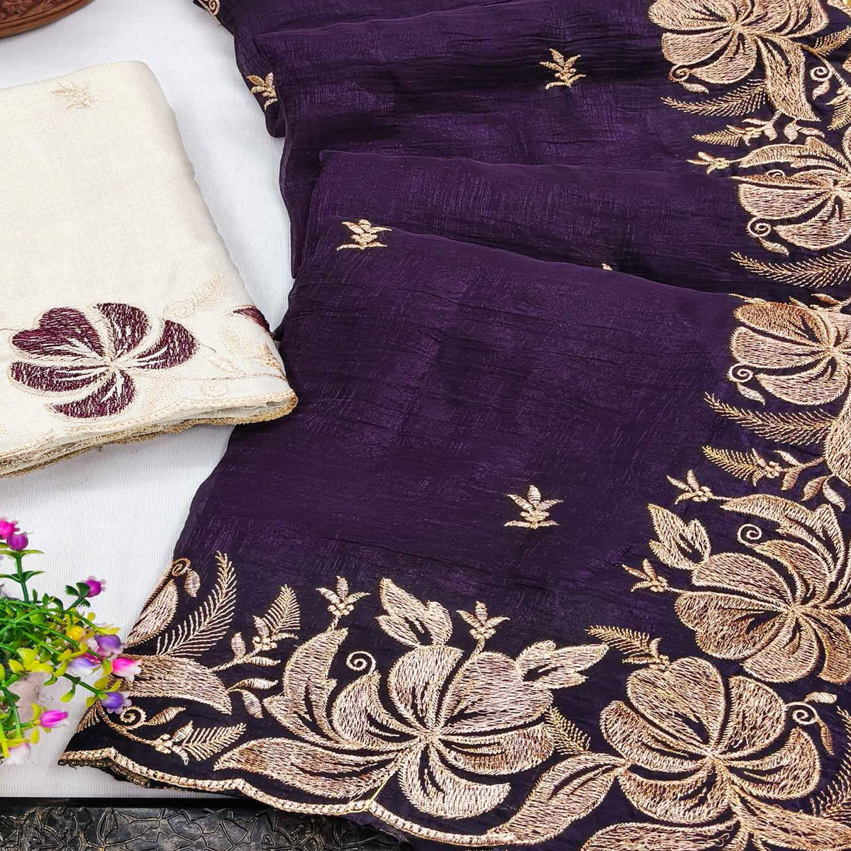 Deep Purple Golden Thread Embroidered Chiffon Saree for Elegant Evening & Celebration Styling